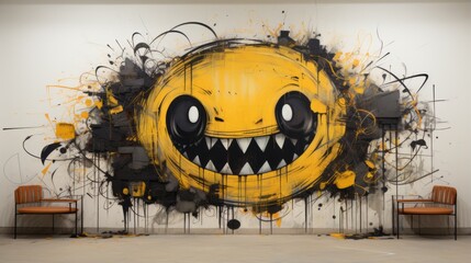 Graffiti emoticon smiling face painted spray on wall. Grunge street art with yellow smiley emoji 