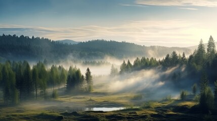 Fototapeta premium Foggy morning panorama of the forest covered with morning fog