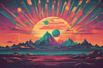 Futuristic retro landscape of the 80s futuristic illustration of sun with mountains in retro style