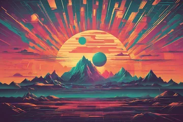 Selbstklebende Fototapeten Futuristic retro landscape of the 80s futuristic illustration of sun with mountains in retro style © rutchakon