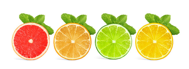 Fresh citrus fruits and green mint isolated on white, collection