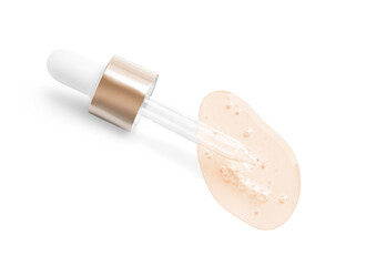 Dropper with serum on white background, top view. Skin care product