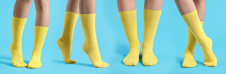 Woman in yellow socks on light blue background, closeup. Collection of photos