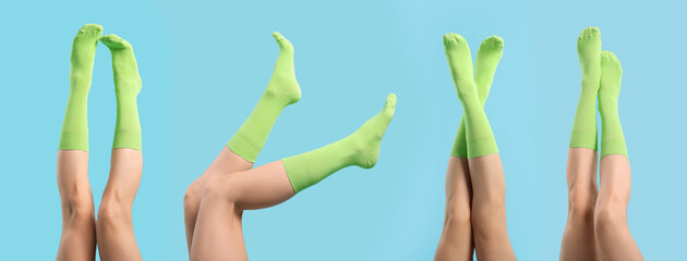 Woman in green socks on light blue background, closeup. Collection of photos