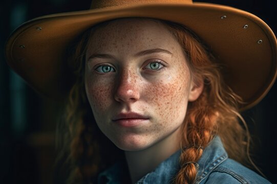 Redhead woman with freckles rugged face skin. Ginger lady with facial pigment spots. Generate ai