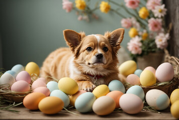 puppy with easter eggs