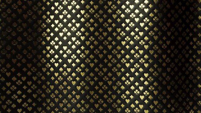 A black leather wavy surface embossed with an array of gold casino card heart, diamond, spade, and club symbols