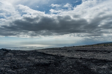 Scenic aerial panoramic volcanic coast vista at the Volcanoes National Park on the Big Island of Hawaii
