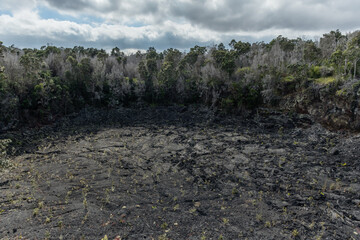 Scenic aerial Luamanu Crater Vista at the Volcanoes National Park on the Big Island of Hawaii