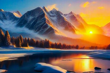 Snow mountain range at sunset with foggy weather. lake in the mountains. Peacefully landscape wallpaper for relaxing vibes