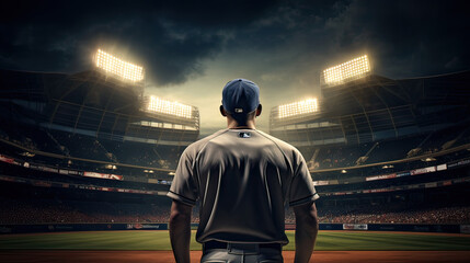 Baseball player from behind with stadium background and lighting 