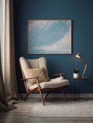 Beige armchair and mock up poster on blue wall. Interior design of modern living room