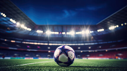 Close up of a soccer ball in the center of the stadium - obrazy, fototapety, plakaty