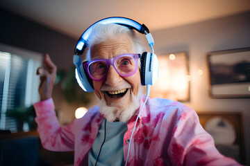 an adorable grandfather, listening to music with modern blue headphones - obrazy, fototapety, plakaty