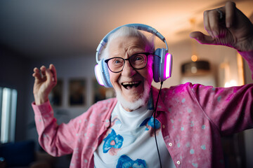 an adorable grandfather, listening to music with modern pink blue headphones