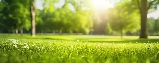 Gartenposter Morning dew on meadow. Picturesque scene unfolds in early hours of day sun casts golden glow over lush green meadow. Nature awakens and grass sparkles with morning dew glistening © Wuttichai
