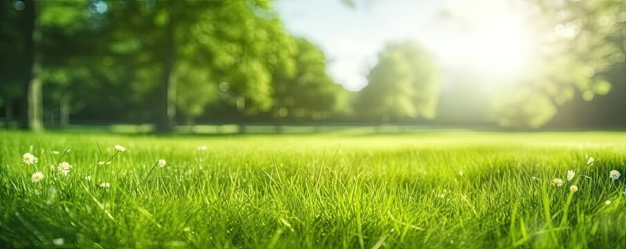 Morning dew on meadow. Picturesque scene unfolds in early hours of day sun casts golden glow over lush green meadow. Nature awakens and grass sparkles with morning dew glistening