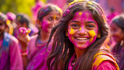 Celebration of Holi festival day colorful illustration of a child covered in paint illustration - obrazy, fototapety, plakaty