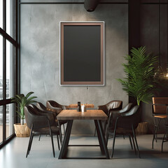 mock up poster frame in industrial interior background, coffee shop, industrial style, 3D render