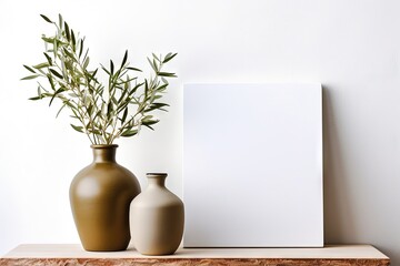Textured vase, pot with olive tree branches on a wooden shelf. Monotone wall background with copy space, blank, frame. Mediterranean interior inspiration.