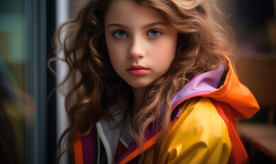 Pensive Young Girl with Curly Hair Wearing a Colorful Hooded Jacket, Intense Gaze