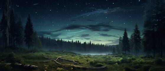 Night sky over the forest. A panoramic view of the forest under the starry night sky - obrazy, fototapety, plakaty