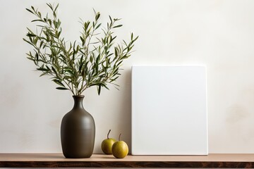 Textured vase, pot with olive tree branches on a wooden shelf. Monotone wall background with copy space, blank, frame. Mediterranean interior inspiration.