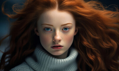 Fototapeta premium Serene Redheaded Young Girl with Flowing Hair and Piercing Blue Eyes