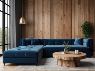 Vivid blue velvet sofa and stump coffee table. Interior design of modern living room