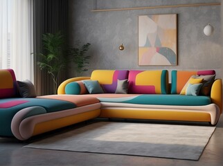 fullcolor ibrant sofa in room with abstract geometric shapes. Postmodern memphis style interior