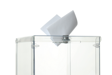 PNG, Transparent box with voting paper, isolated on white background, close up