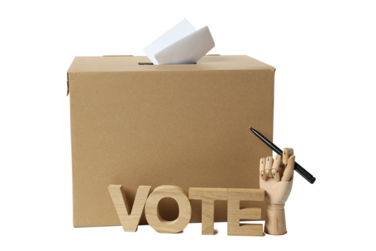 PNG, Box with voting paper, wooden letters and hand with pen, isolated on white background