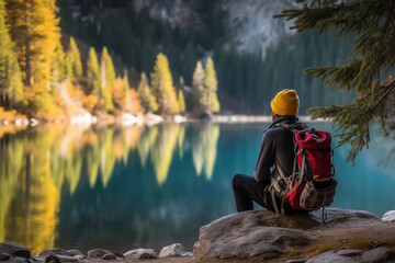 A contemplative hiker at a serene mountain lake