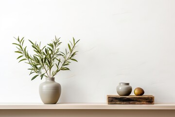Textured beautiful vase, pot with olive tree branches on a wooden shelf. Monotone wall background with copy space, blank, frame. Mediterranean interior inspiration.