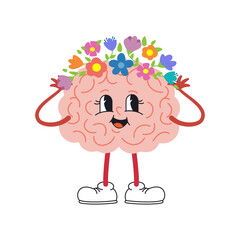 Vector illustration of brain character. Organ central nervous system is happy.