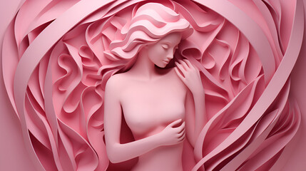 Graceful pink paper art of a woman in a self-exam posture, encapsulating breast cancer awareness and the empowerment of female health.