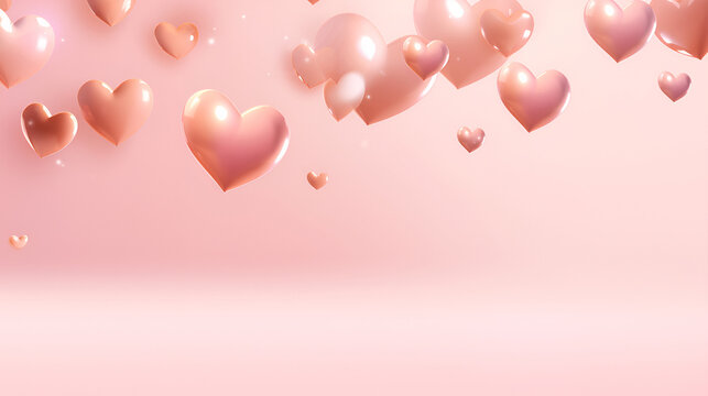Sparkling gold and soft pink hearts rise above a pastel pink background with bokeh. Universal background with copy space for Valentine's Day and elegant invitations.