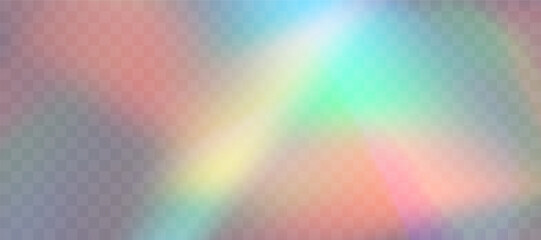 Blurred rainbow refraction overlay effect. Light lens prism effect on transparent background. Holographic reflection, crystal flare leak shadow overlay. Vector abstract illustration.