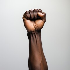 black man fist raised hand high in triumph on a white solid backdrop