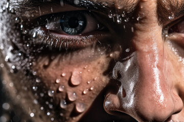 Macro shot of a water droplet rolling off an athlete's face