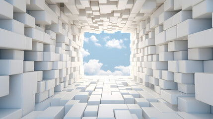 A mosaic of many white cubes in perspective in the form of a tunnel stretching to infinity.