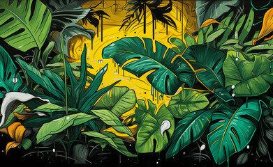 Fototapeta na wymiar Graffiti drawing of tropical leaves with yellow, in the style of hip hop aesthetics.