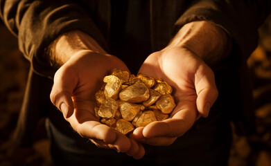 Men's hands hold lumps of gold on a gold background