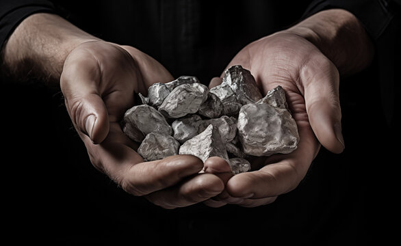 Men's hands hold lumps of silver on a silver background