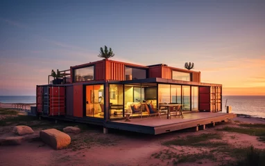 Foto op Canvas A container house converted from old shipping containers, on a picturesque beachfront © piai