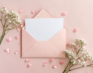 minimalist greeting cards mock up with pink envelope, baby breath, and pink rose petals
