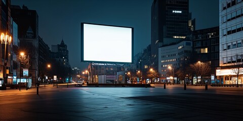 A large blank advertising billboard in a night-time urban setting with city lights and buildings - obrazy, fototapety, plakaty