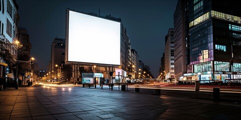 A large blank advertising billboard in a night-time urban setting with city lights and buildings