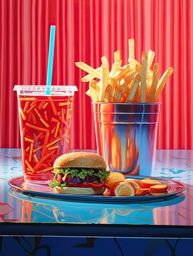Teen Room D�cor: Fast Food and Pop Culture Collage featuring Burgers, Fries, and Retro Vibes