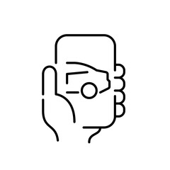 Taxi service app. Smart phone, hand and car. Pixel perfect, editable stroke icon